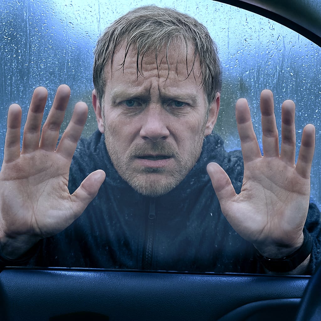 Homme sous la pluie devant sa voiture fermée après une perte totale de clés de voiture