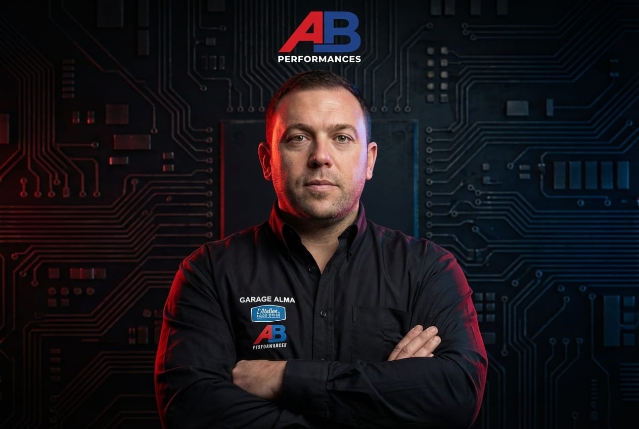Dirigeant d’AB Performances, spécialiste de la reprogrammation moteur à Granville, devant un fond technologique représentant le calculateur moteur ECU