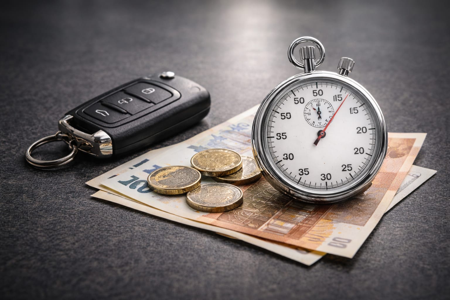 Clé de voiture avec chronomètre et euros illustrant les délais et le coût d’une reproduction ou reprogrammation de clé automobile à Granville